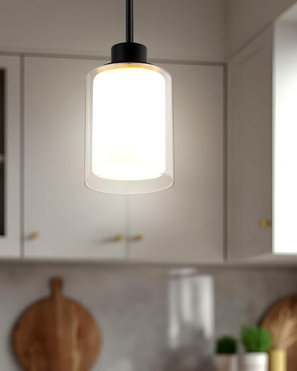 1-Light Mini Pendant Light Fixtures, 2-Pack Modern Hanging Ceiling Lighting, Adjustable Height, Black Pendant Lamp with Dual Glass for Kitchen Island Bedroom