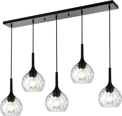 VINLUZ 5-Light Hanging Pendant Kitchen Island Light in Classic Black Finish with Ribbed Glass Shades, Modern Chandelier for Dining Room & Hallway