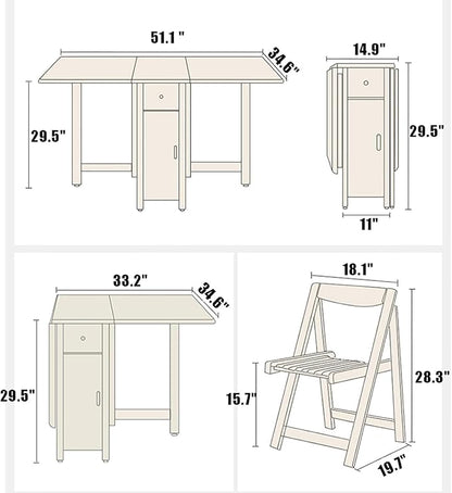 Solid Wood Folding Dining Table with Storage,Rectangular Island Kitchen Table with Drawers,Small Space Drop Leaf Foldable Table with Wheels,Table Only-No Chairs(34.5" D x 51" W x 29.5" H, Red Brown)