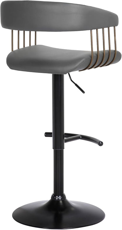 Armen Living Calista Adjustable Height Mid Century Modern Swivel Bar Stool for Kitchen Island Counter in Gray Faux Leather with Golden Bronze and Black Metal