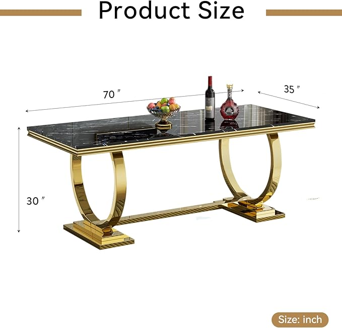 Black Marble Dining Table for 4 6, 70" Dining Room Table with Gold Stainless Steel Frame, Modern Kitchen & Dining Room Tables Rectangle Faux Marble Dinning Dinner Table for 4 6