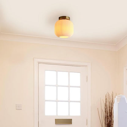 GLOBE Electric 66000079 1-Light Flush Mount Ceiling Fixture, Matte Brass, Frosted Ribbed Glass Shade, Kitchen Island Lighting, Dining Room Fixture, Modern Home Decor for Living Room