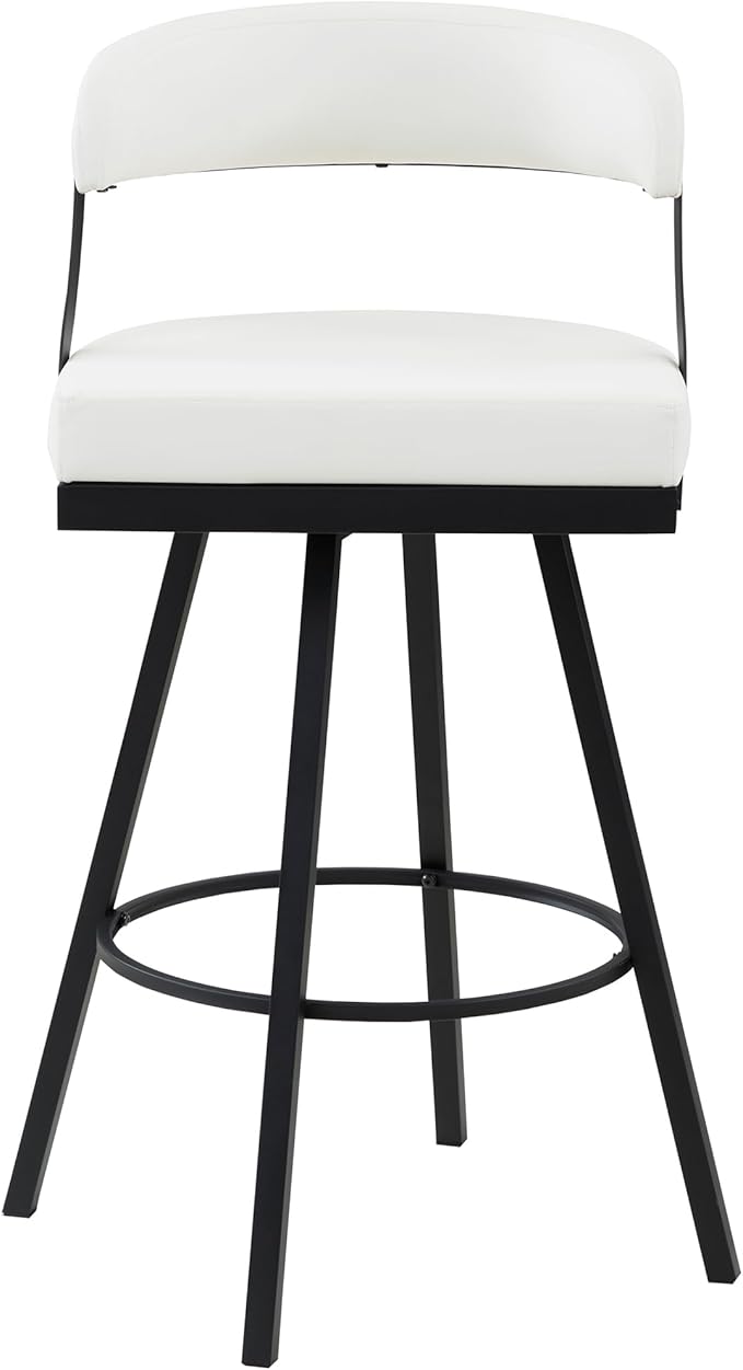 Lexicon Swivel Bar Stools Set of 2 - Bar Height Stools for Kitchen Island, Padded Seat, Open Back, Sturdy Black Metal Frame Finish and White Faux Leather Cushion Seat, White