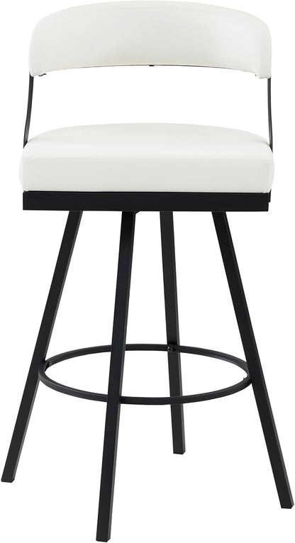 Lexicon Swivel Bar Stools Set of 2 - Bar Height Stools for Kitchen Island, Padded Seat, Open Back, Sturdy Black Metal Frame Finish and White Faux Leather Cushion Seat, White