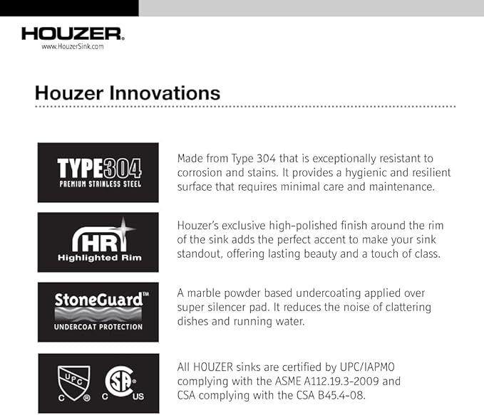 Houzer Glowtone Stainless Steel Kitchen Sink: 33 Inch Drop-in Topmount 4-Hole 50/50 Double Bowl, Durable & Versatile, Essential for Home & Apartment: 3322-9BS4-1