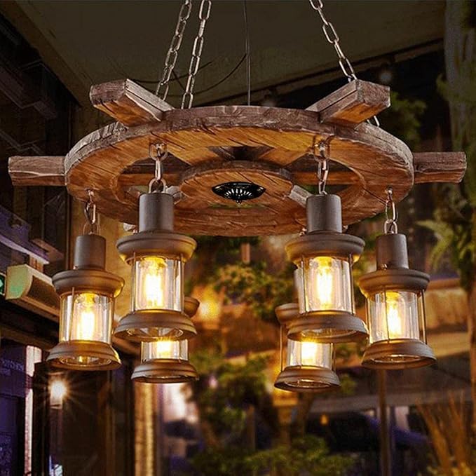 A Million Vintage Industrial Chandelier with Rudder Design, Rustic Wood Grain Color 6 E26 Socket Adjustable Hanging Chain Rustic Pendant Lighting