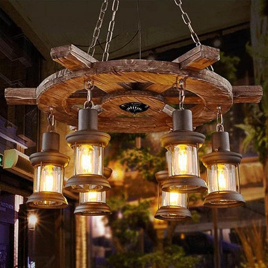 A Million Vintage Industrial Chandelier with Rudder Design, Rustic Wood Grain Color 6 E26 Socket Adjustable Hanging Chain Rustic Pendant Lighting
