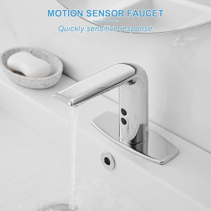BWE Automatic Motion Sensor Touchless Bathroom Sink Faucet Electronic Infrared Hands Free Commercial Vanity Faucets Battery or Plug-in Powered,with Control Box and Temperature Mixer,Polished Chrome