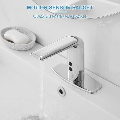 BWE Automatic Motion Sensor Touchless Bathroom Sink Faucet Electronic Infrared Hands Free Commercial Vanity Faucets Battery or Plug-in Powered,with Control Box and Temperature Mixer,Polished Chrome