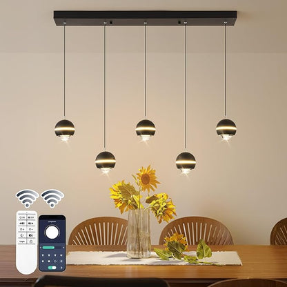 ORANOOR Modern LED Pendant Lights, Dimmable 36in Crystal Globe LED Chandelier Lighting, Black & Gold Dining Room Hanging Light Fixtures Kitchen Island Linear Pendant Light for Dining Table (3500lm)