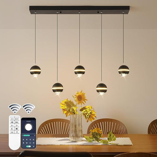 ORANOOR Modern LED Pendant Lights, Dimmable 36in Crystal Globe LED Chandelier Lighting, Black & Gold Dining Room Hanging Light Fixtures Kitchen Island Linear Pendant Light for Dining Table (3500lm)