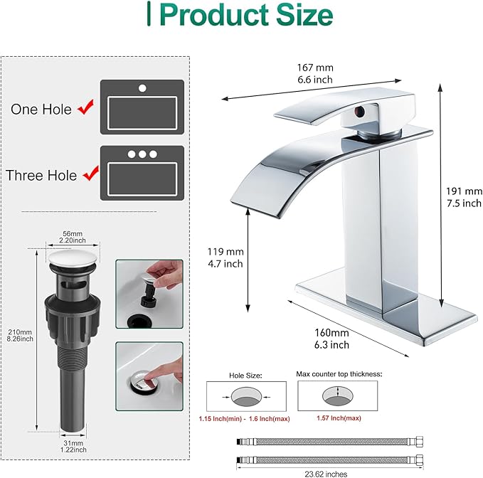 VOTON Chrome Bathroom Faucets Waterfall Bathroom Sink Faucet Modern Single Handle Bathroom Faucet for 1 or 3 Holes with Deck Plate and Pop-Up Drain, Rv Sink Camper Farmhouse Bathroom Faucet