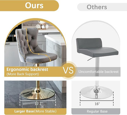 yeag 31.5'' Modern Round Glass Bar Table Set for 2, Luxury Gold Bistro Pub Table & 2 Adjustable Metal Bar Stools Velvet Swivel Counter Height Stools (Gold Metal Legs, Clear Top + Grey Chair)