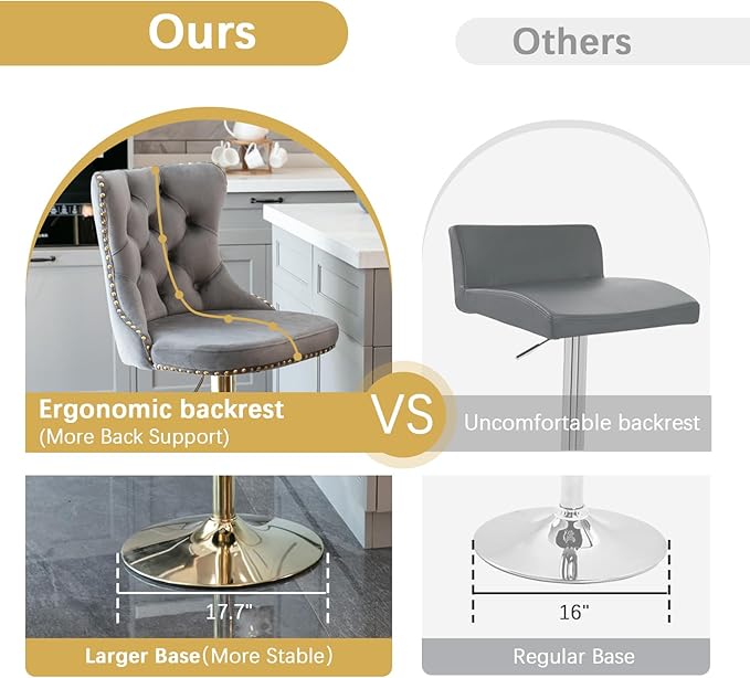 31.5'' Glass Round Bar Table with Stools Set for 4, Modern High Top Pub Table & 4 Adjustable Metal Bar Stool Velvet Swivel Counter Height Bars Chairs (Gold Metal Legs, Clear Top + Grey Chair)