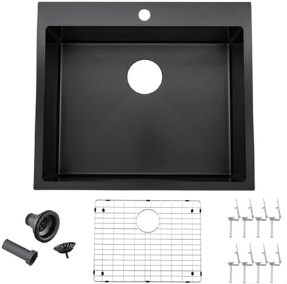 18x18 inch Drop in Bar Sink Black, Topmount Stainless Steel Small Kitchen Sink for Laundry Wet Bar Prep RV Office Outdoor Yard with Dish Grid and Basket Strainer