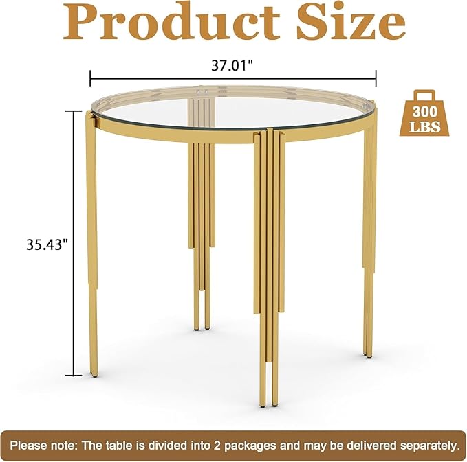 37" Round Bar Table for 2 4, Modern High Pub Table with Clear Tempered Glass Top and Polished Gold Stainless Steel Legs, Counter Height Table for Kitchens, Apartments, and Small Spaces