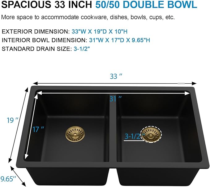 Black Double Bowl Granite Composite Kitchen Sink - 33 Inch Matte Black Kitchen Sink 50/50 Split Bowl Undermount Granite Quartz Composite Under Counter Sinks Basin