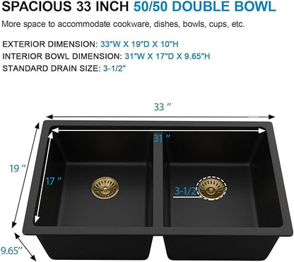 Black Double Bowl Granite Composite Kitchen Sink - 33 Inch Matte Black Kitchen Sink 50/50 Split Bowl Undermount Granite Quartz Composite Under Counter Sinks Basin