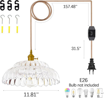 Plug in Pendant -11.8'Light Hanging Lights with in Cord Mid Century Modern Gold Hanging Lamp Flower Glass Amber Vintage Dimmable Chandelier Ceiling Fixture for Living Room,Kitchen, (CT)