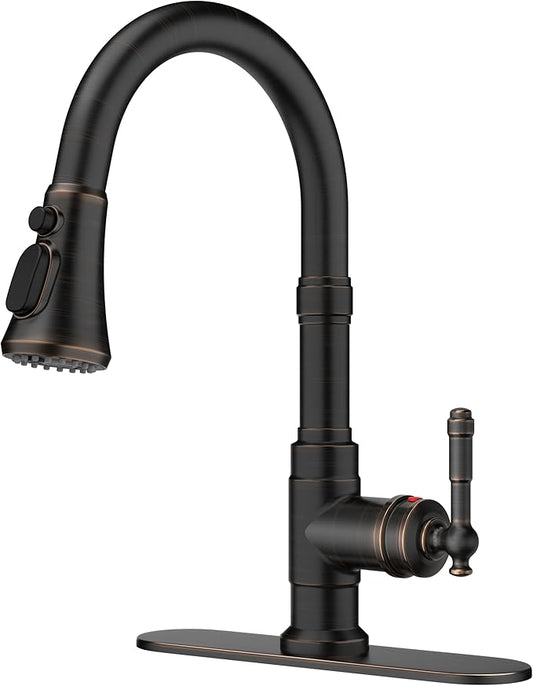 FORIOUS Vintage Kitchen Faucets with Pull Down Sprayer, Oil Rubbed Bronze, High Arc Single Handle Stainless Steel Antique Pull Out Sink Faucet for Farmhouse Camper Rv Bar, Fit for 1 or 3 Hole