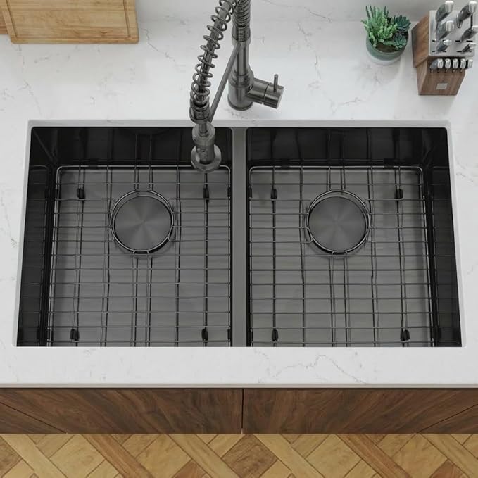 LQS Black Undermount Kitchen Sink 32 Inch, Black Kitchen Sink Undermount 32" x 18", 50/50 Double Bowl 16 Gauge Stainless Steel Sinks with Roll-up Dying Rack and Accessories, R10 Round Corner