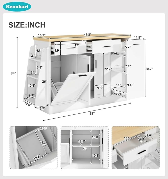 58'' Multi-Functional Storage Sideboard with Trash Can Storage and Adjustable Shelves, Console Table with Sliding Door Cabinet, Kitchen Island with 3-Tier Spice Rack for Dining Room (White)