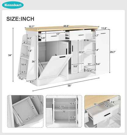 58'' Multi-Functional Storage Sideboard with Trash Can Storage and Adjustable Shelves, Console Table with Sliding Door Cabinet, Kitchen Island with 3-Tier Spice Rack for Dining Room (White)