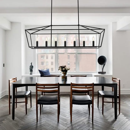 MELUCEE 7-Light Dining Room Light Fixtures Over Table, Farmhouse Chandelier Light Fixture Black Industrial Linear Pendant Lights Kitchen Island Candle Lantern Chandelier, E12 Base