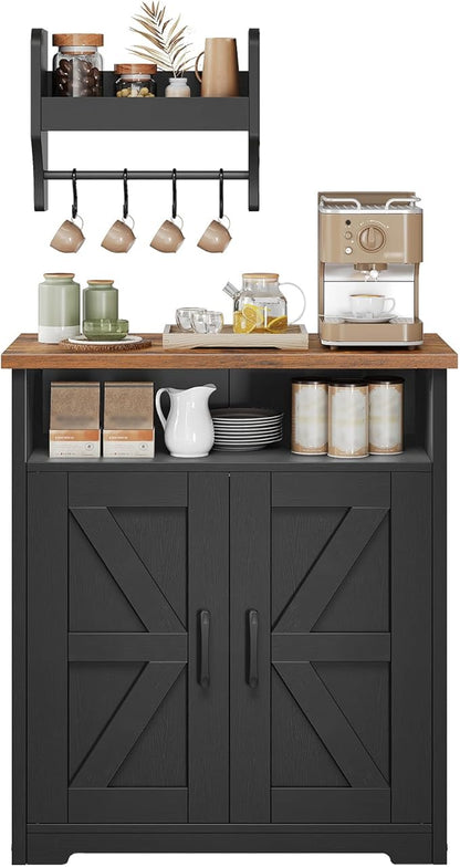 YATINEY Coffee Bar Cabinet, Kitchen Island with Storage, Farmhouse Sideboard Buffet Cabinet with Dual-Purpose Floating Shelf and Hooks, for Restaurant, Living Room, Rustic Brown KF22BR
