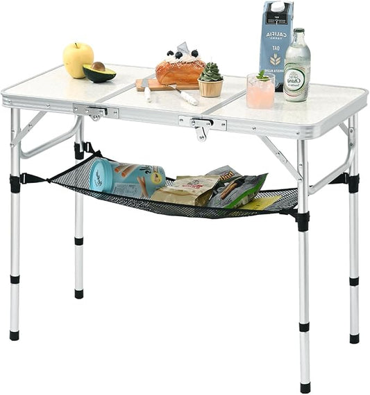 YihuiKo 3ft Aluminum Folding Picnic Table - Lightweight & Portable Outdoor Table with Adjustable Height, Storage Net for Camping, Backyard, RV Trips