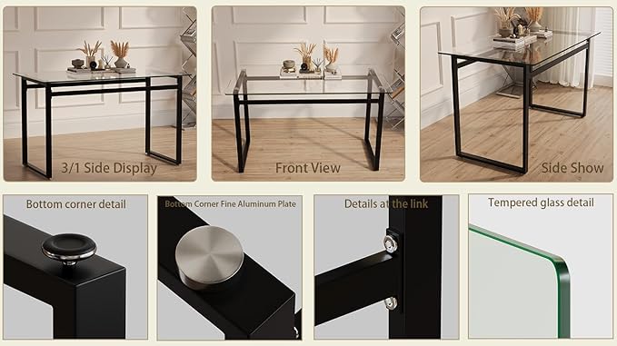 51" Modern Minimalist Rectangular Glass Dining Table for 4-6 with 0.31" Tempered Glass Tabletop and Chrome Metal Legs, Writing Table Desk for Kitchen Dining Living Room (Clear&Black)