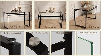 51" Modern Minimalist Rectangular Glass Dining Table for 4-6 with 0.31" Tempered Glass Tabletop and Chrome Metal Legs, Writing Table Desk for Kitchen Dining Living Room (Clear&Black)