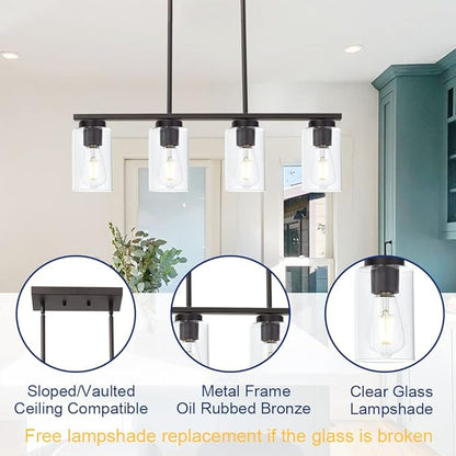 TODOLUZ Farmhouse Dining Room Chandelier 4-Lights Kitchen Island Light, Clear Glass Pendant Lighting Fixtures in Oil Rubbed Bronze