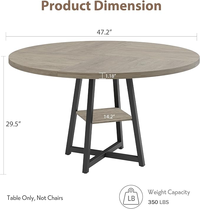 Garvee 47.2 in Round Dining Table for 4-6 People, Industrial Round Kitchen Table with Sturdy Metal Pedestal Base & Storage Shelf, Circle 4 Dinner Table for Dinner, Kitchen, Dining Room