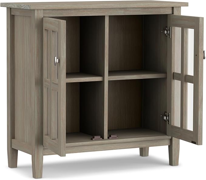 SIMPLIHOME Warm Shaker Storage Cabinet - 32 inch Wide Solid Wood 2-Shelf Low Storage Cabinet in Distressed Grey, Transitional Accent Cabinet for Entryway with Tempered Glass Doors and Shelves