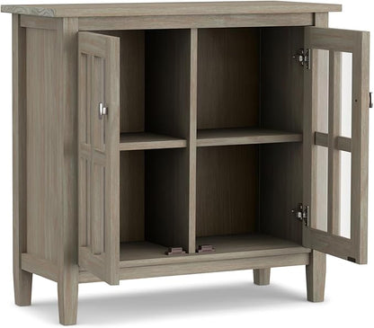 SIMPLIHOME Warm Shaker Storage Cabinet - 32 inch Wide Solid Wood 2-Shelf Low Storage Cabinet in Distressed Grey, Transitional Accent Cabinet for Entryway with Tempered Glass Doors and Shelves