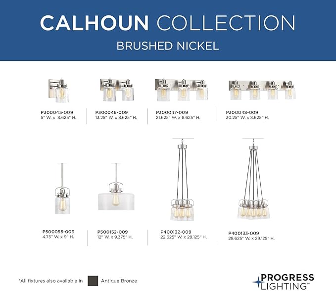 Progress Lighting P300046-009 Calhoun Collection Clear Glass Farmhouse Bath Vanity Light, 2-Light, Brushed Nickel