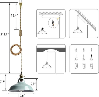 YUBOLE Modern Macaron Plug-in Plendant Light,10.6-Inch Hanging Light Fixtures with Metal Barn Shade Adjustable 17.06 Feet Plug Cord Pendant for Kitchen Bar Dining Bedroom,Sea Blue