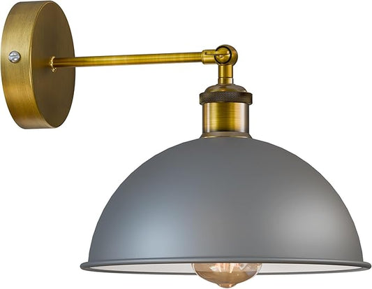 Dome Metal Wall Sconce, 180° Adjustable Industrial Wall Lamp for Bedside, Study, Kitchen, and Living Room Décor. (Grey.)