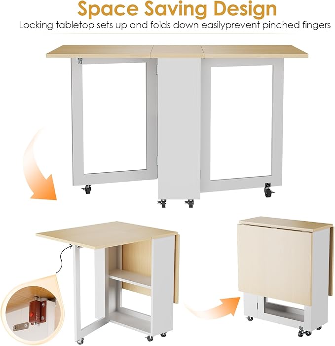 LotFun Folding Dining Table with 2-Tier Storage Racks, Movable Kitchen Dining Table with 6 Wheels, Space Saving Table for Small Spaces (2 Tier Storage Racks, White)