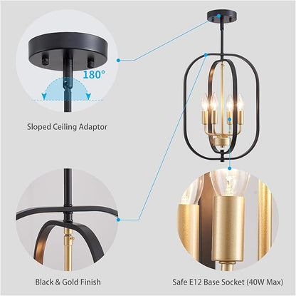 XINGQI Modern Black Gold Chandelier Farmhouse 4-Light for Dining Room, Geometric Adjustable Rustic Pendant Lighting Fixture for Entryway Living Room Kitchen Foyer