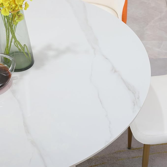 53 Inch Round Sintered Stone Dining Table, Scratch & Heat Resistant Kitchen Table for 4-6 People, Modern Metal Wood Base, Easy Clean Round Dinner Table for Home Dining Room