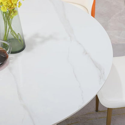 53 Inch Round Sintered Stone Dining Table, Scratch & Heat Resistant Kitchen Table for 4-6 People, Modern Metal Wood Base, Easy Clean Round Dinner Table for Home Dining Room