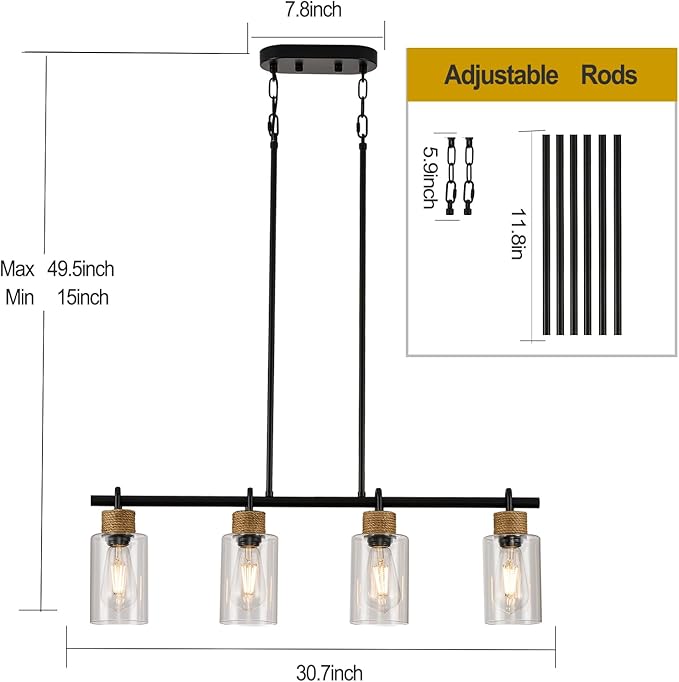 Black Pendant Lights Kitchen Island, Farmhouse Chandeliers for Dining Room, Linear Island Lights with Jute Rope & Clear Glass Shades(Black 4 Light)