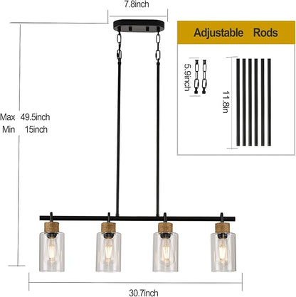 Black Pendant Lights Kitchen Island, Farmhouse Chandeliers for Dining Room, Linear Island Lights with Jute Rope & Clear Glass Shades(Black 4 Light)