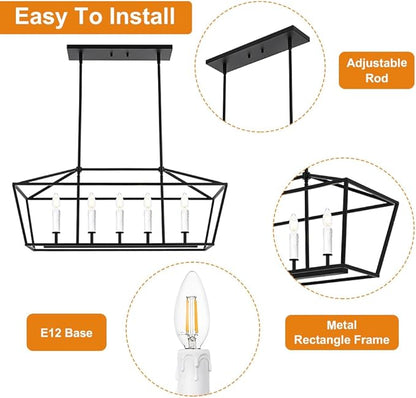 VINLUZ E12 5 Light Industrial Kitchen Island Lighting in Black and White Finish Classic Pendant Light Metal Chandelier Hanging Lights for Living Room