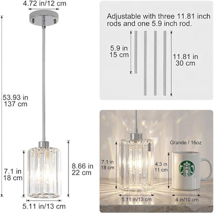 Chrome Pendant Lights, 2 Pack Modern Crystal Hanging Pendant Light Fixtures, Mini Crystal Island Lights for Kitchen Island, Dining Room, Hallway, Foyer, Entryways