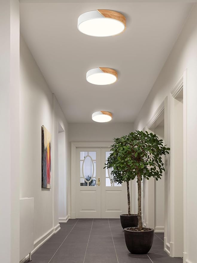 Vikaey Modern Dimmable LED Ceiling Light, Minimalist Wood Style 5CCT 2700K-6000K Flush Mount Ceiling Light Fixture, Round Lighting Lamp for Bedroom, Laundry Room, Hallway, White, 11.8"