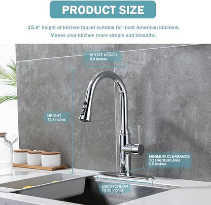 Kitchen Faucet with Pull Down Sprayer, Chrome Faucet for Kitchen Sink Stainless Steel Kitchen Faucets, Single Handle 1 or 3 Hole Faucet with Escutcheon for RV, Outdoor, Laundry & Bathroom Sink
