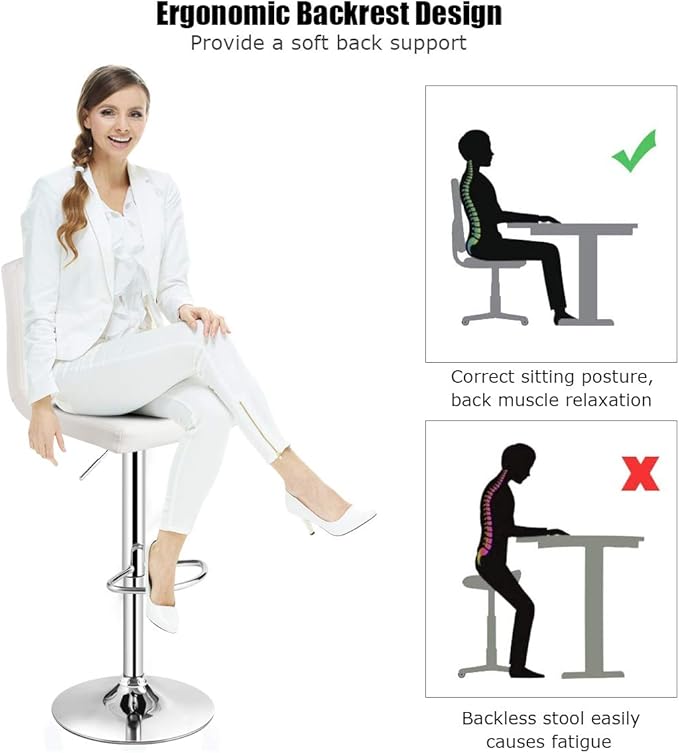 COSTWAY Adjustable Bar Stools Set of 2, Modern Swivel PU Leather Bar Chair with Backrest, Soft Cushioned Seat, Footrest, Sturdy Metal Frame, Comfortable Barstools for Kitchen Island, Pub, White
